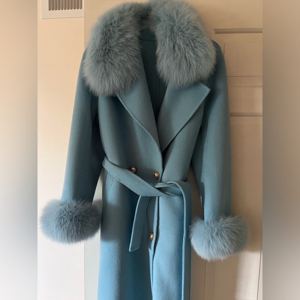 Blue fox fur collar and cashmere coat